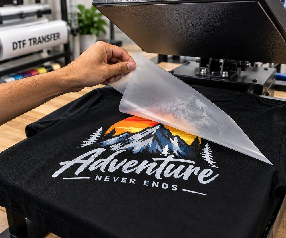 Operator applying a DTF transfer to a printed t-shirt at AV Print Shop